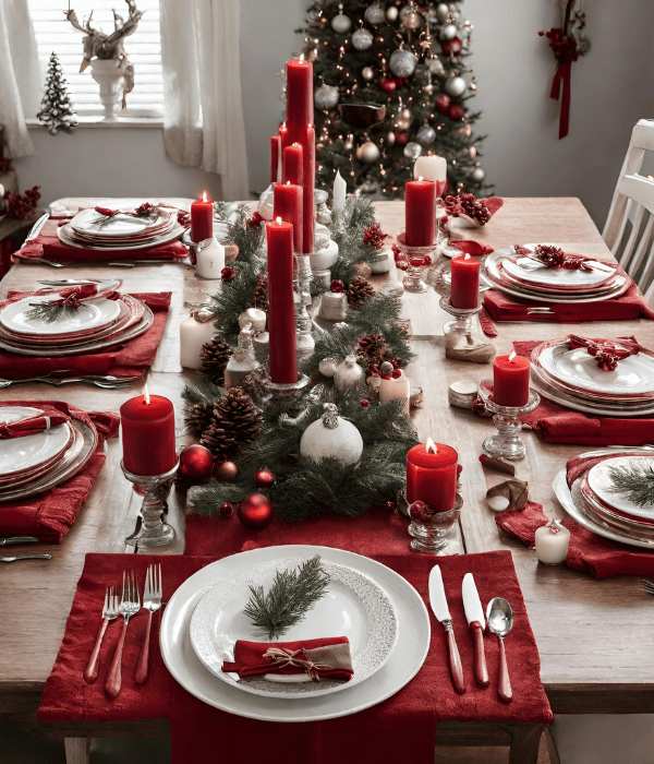 Christmas dining table ideas - red and white decor