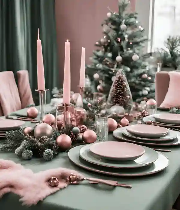 Christmas dining table ideas - sage green and pink