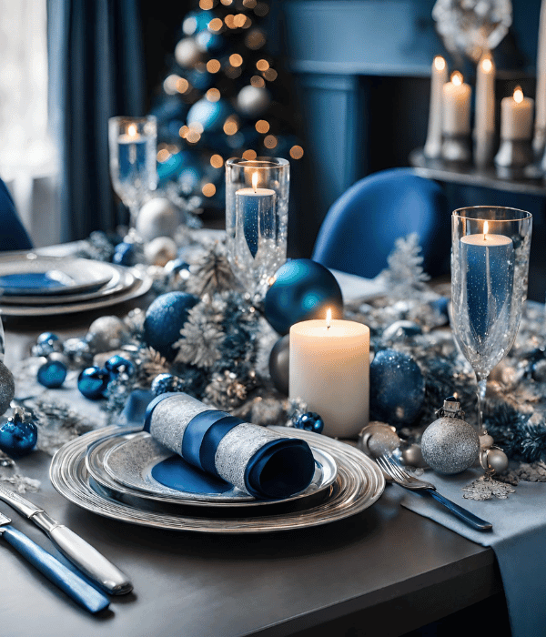 Christmas dining table ideas - silver and blue