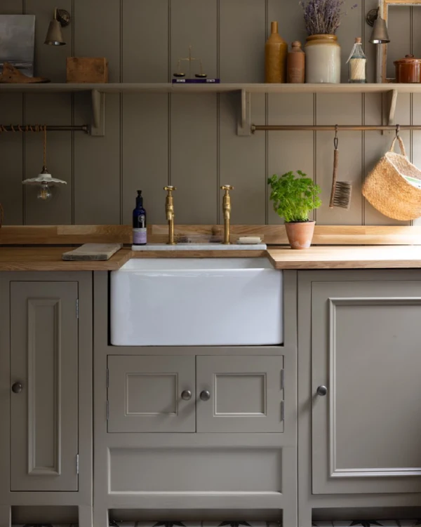 beadboard kitchen panelling in a grey green colour