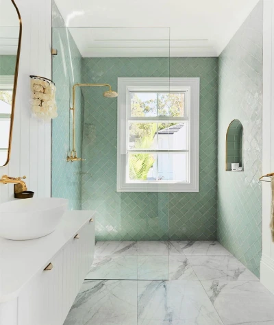 sage green bathroom ideas - sage green and white and gold shower