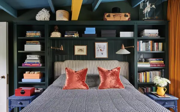 built in book shelf around bed