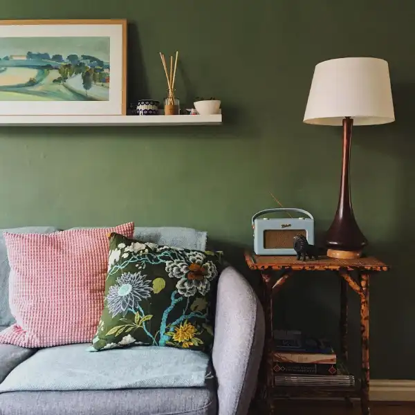 eclectic green and grey living room