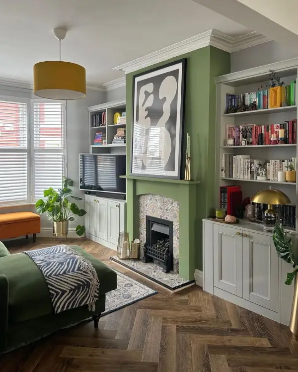 grey and green living room with alcove shelving