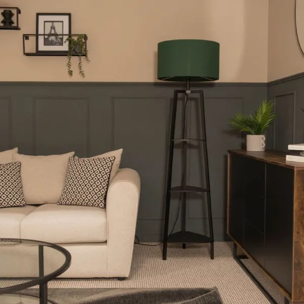 grey and green living room with grey panelling