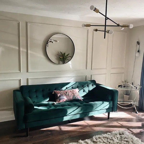 minimalist grey and green living room with panelling