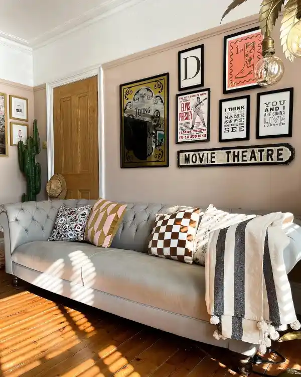 small living room layout pink walls with grey sofa