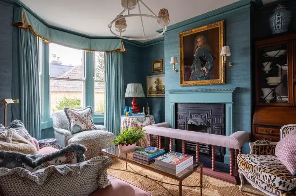 victorian blue living room in sugarbag light by Farrow & Ball
