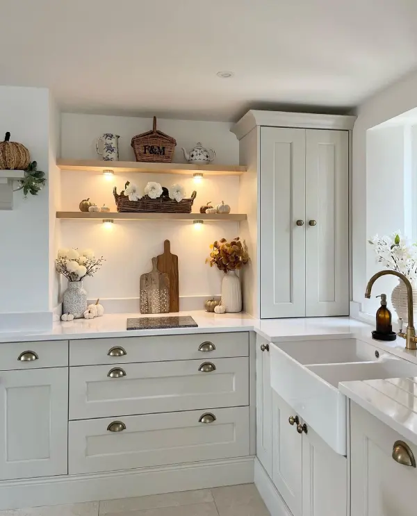 wooden floating kitchen shelves with underlighting