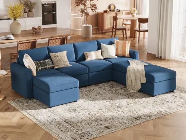 4 seater modular sofa in blue with ottomans