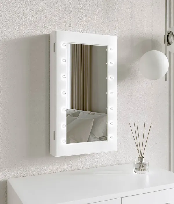 White LED mirror with storage cabinet and organiser