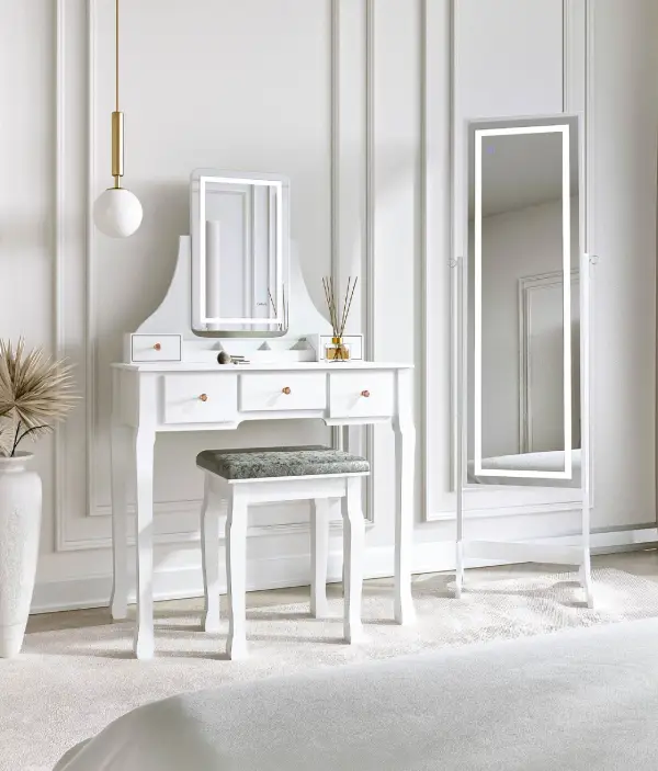 white dressing table with drawers and LED mirror