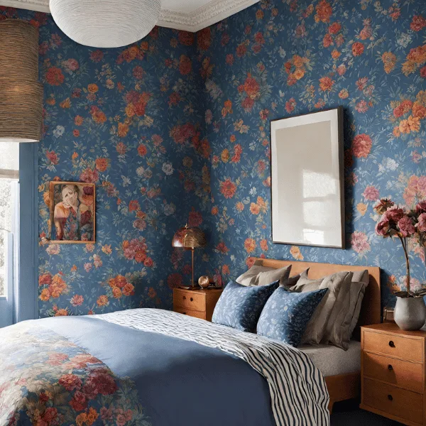 colourful bedroom with floral wallpaper