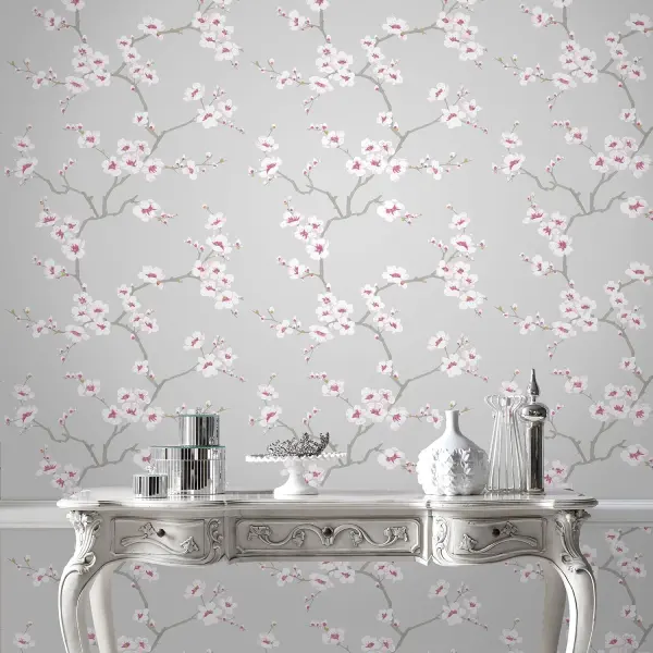 grey wall paper with pink blossoms