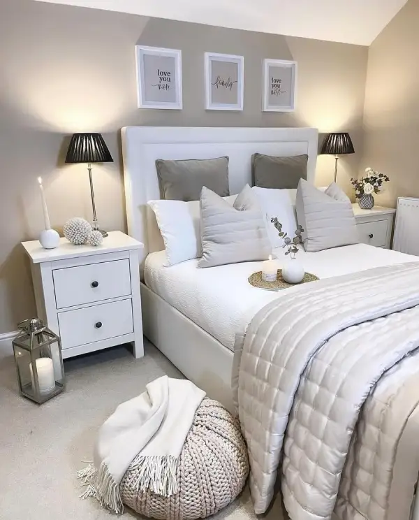 grey white and taupe bedroom