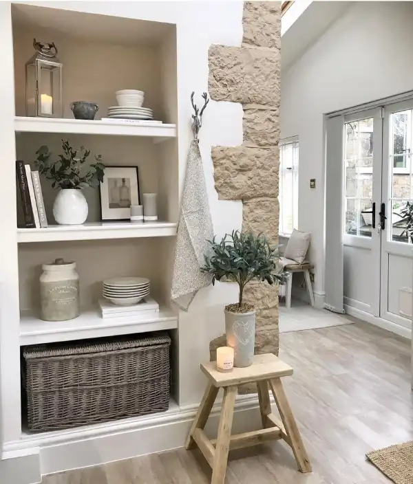 alcove shelving with farrow and ball skimming stone on brick