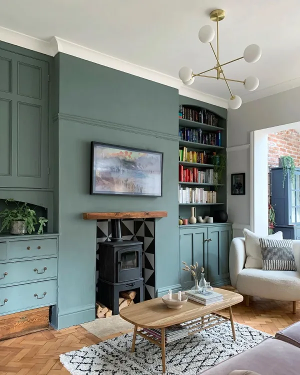 farrow and ball green smoke in the living room with alcove shelving