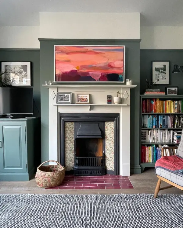 farrow and ball green smoke with red decor