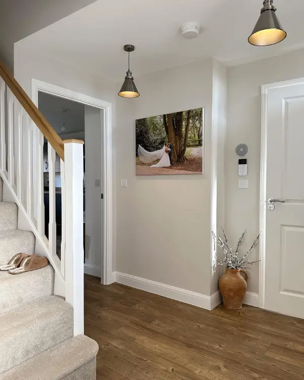 farrow and ball skimming stone hallway with cream stairs