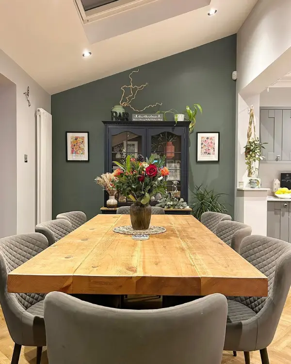 farrow and ball smoke green dining room with wooden table