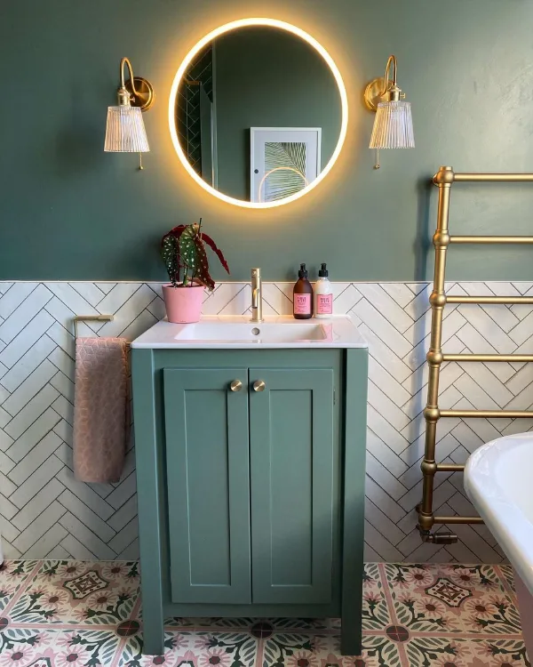 farrow and ball smoke green in the bathroom with green vanity