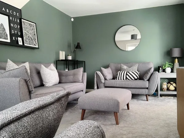 farrow & ball green smoke with grey sofa and carpet