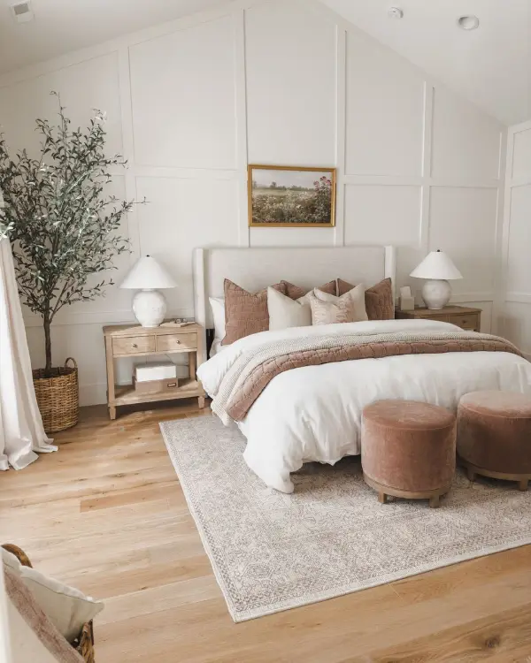 grey and beige bedroom with white duvet