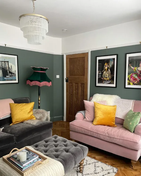 living room using farrow &ball green smoke with a pink sofa