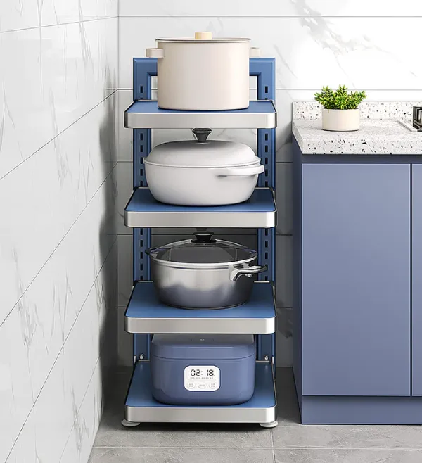 pot rack for kitchen storage in blue with shelves
