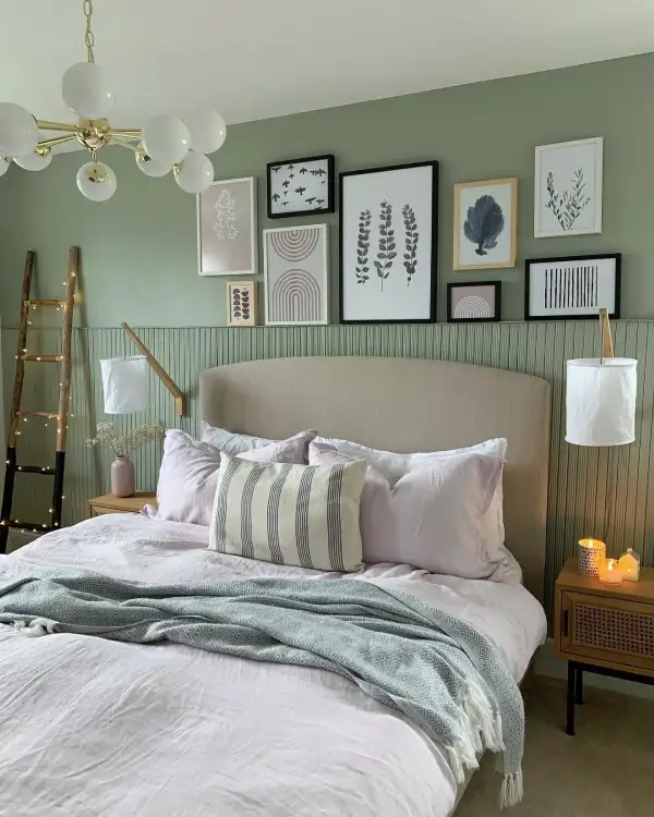 sage green bedroom with pink
