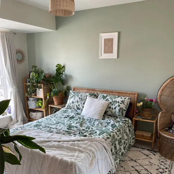 sage green walls with wood furniture - boho bedroom sage green