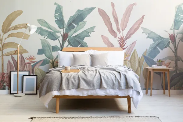 Hovia wallpaper mural floral leaf design in bedroom