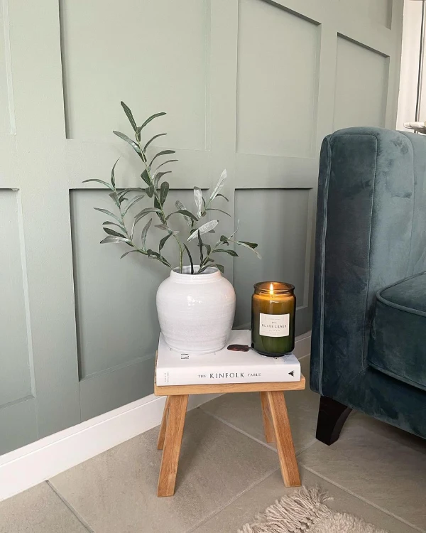 dulux overly olive living room with wall panelling