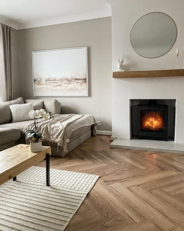 farrow and ball elephants breath in a living room with fireplace