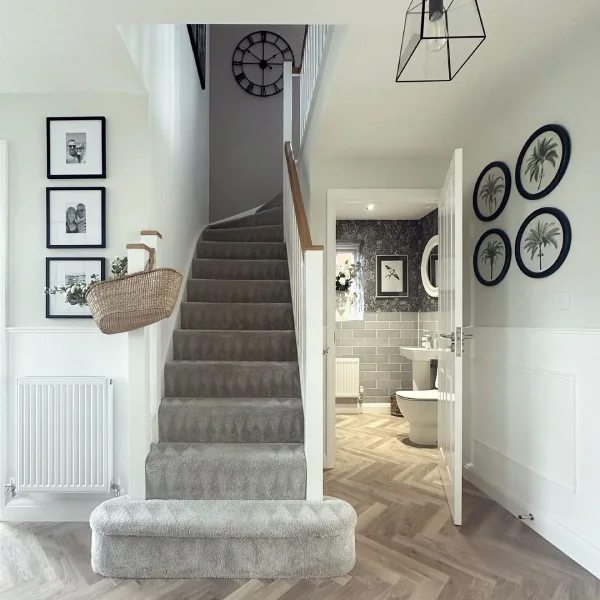 farrow and ball elephants breath in a white hallway and landing