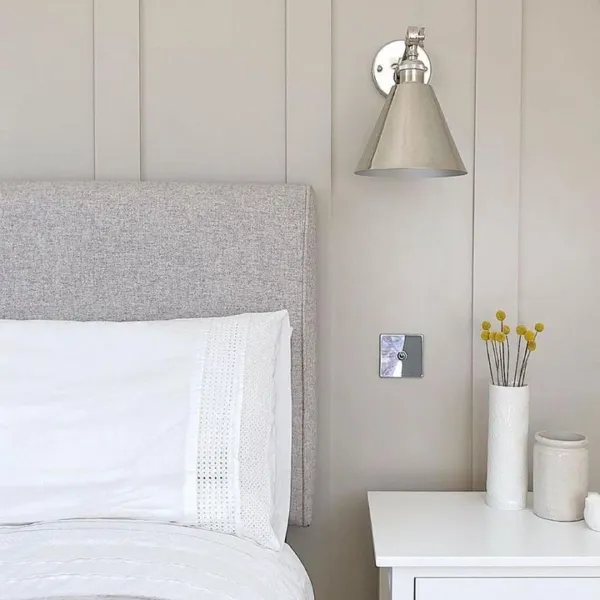 farrow and ball elephants breath panelling in bedroom