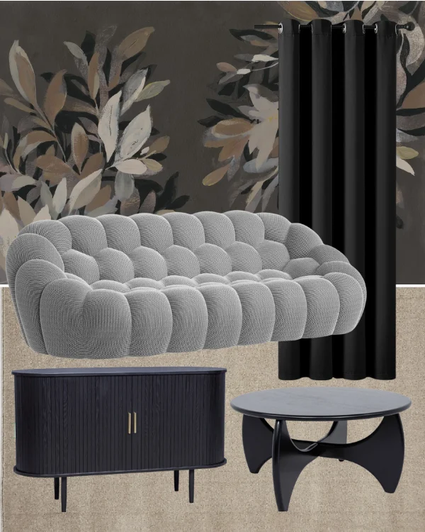 how to style the bubble sofa in a living room - black and grey theme