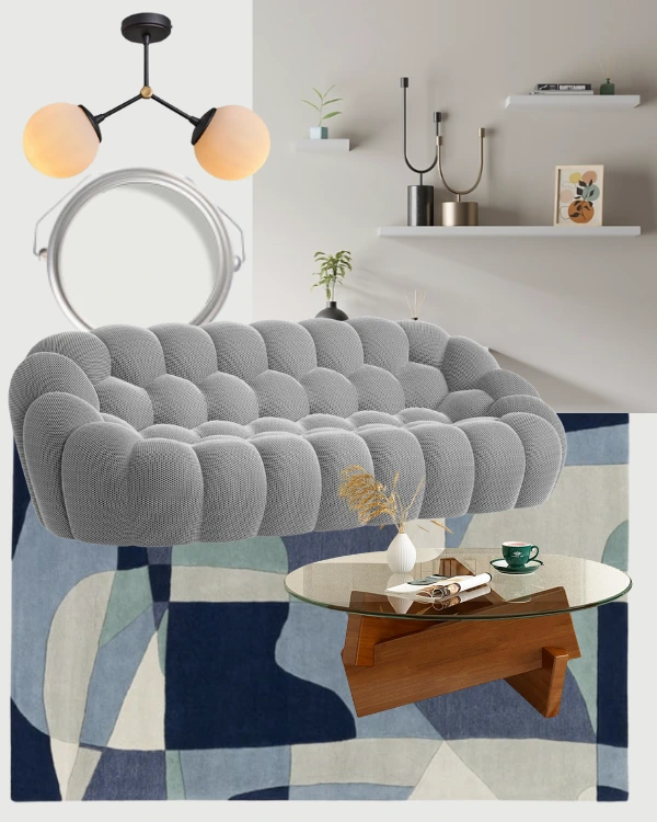 how to style the bubble sofa in a living room - blue and grey theme