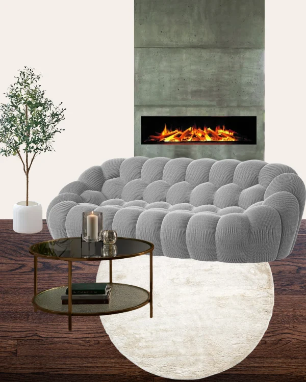how to style the bubble sofa in a living room - cozy grey scandinavian theme