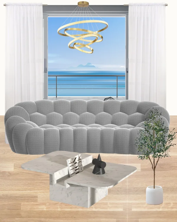 how to style the bubble sofa in a living room - luxurious white colour scheme