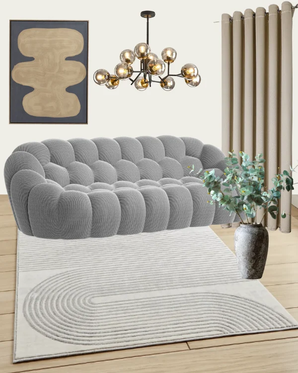 how to style the bubble sofa in a living room - neutral colour scheme