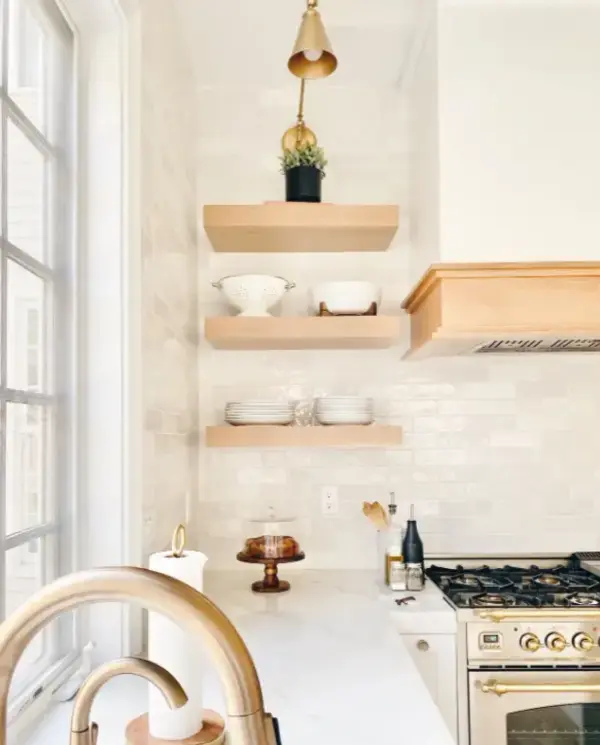 white ceramic backsplash tiles for wood floating shelves