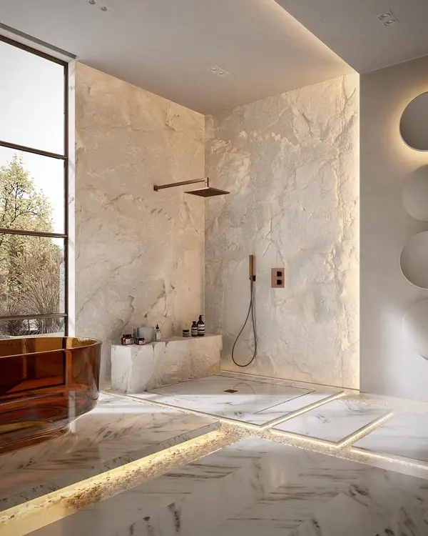 white bathroom with floor and wall lighting marble effect walls