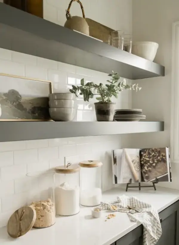 white kitchen tiles that go with black floating shelves