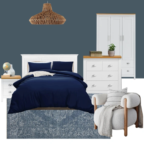 White bedroom furniture styling ideas - blue and white bedroom idea