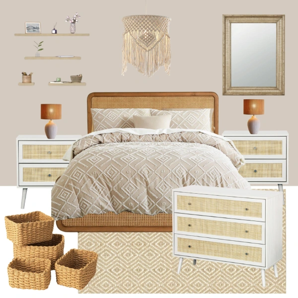 White bedroom furniture styling ideas - boho rattan