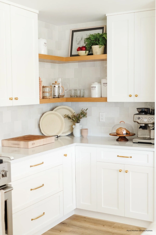 white kitchen tiles to go with wood floating shelves