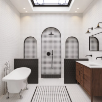 white and black geometric bathroom tiles idea