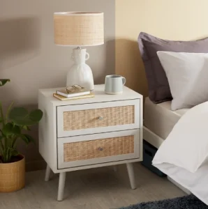 white and rattan bedside table for bedroom