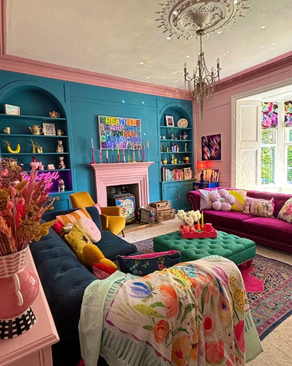 blue and pink living room victorian style